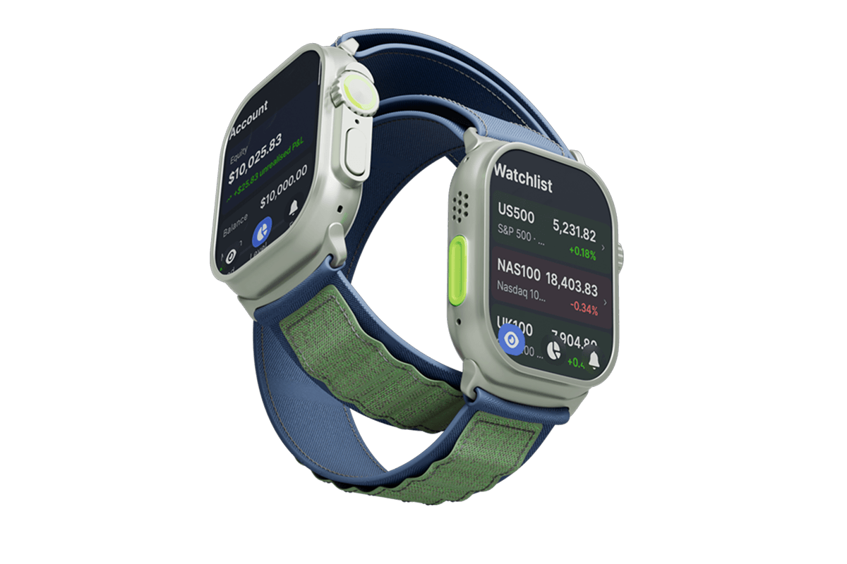 Two smartwatches showing the ThinkMarkets trading companion — account balance and watchlist screens