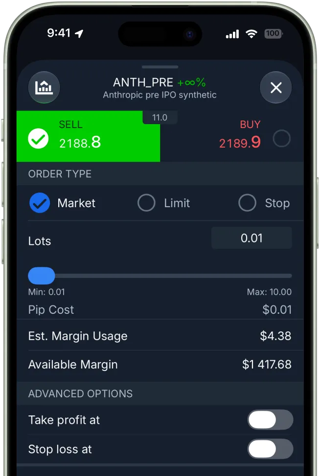 The ThinkMarkets app showing the Anthropic pre-IPO instrument
