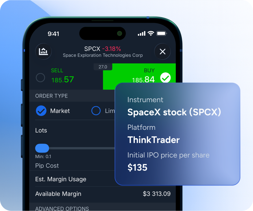 ThinkTrader app showing the SPCX share CFD